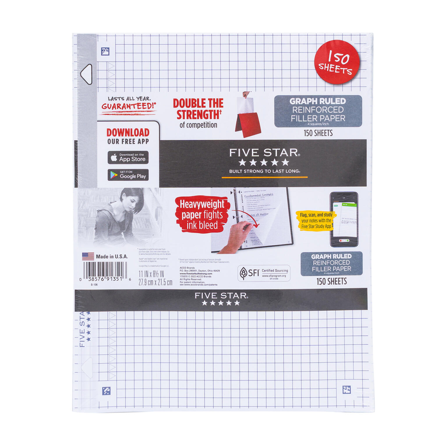 Five Star Graph Ruled Reinforced Filler Paper 150 Sheets