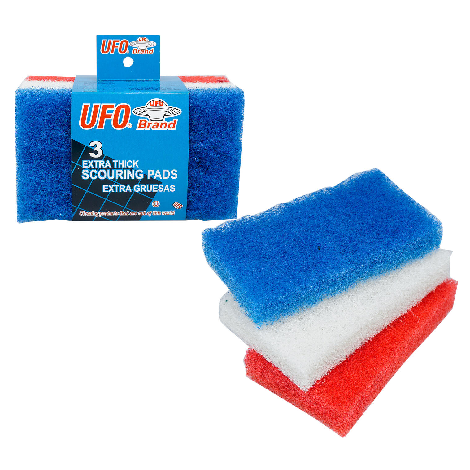 Wholesale 3pk UFO Extra Thick Scouring Pads RED WHITE BLUE