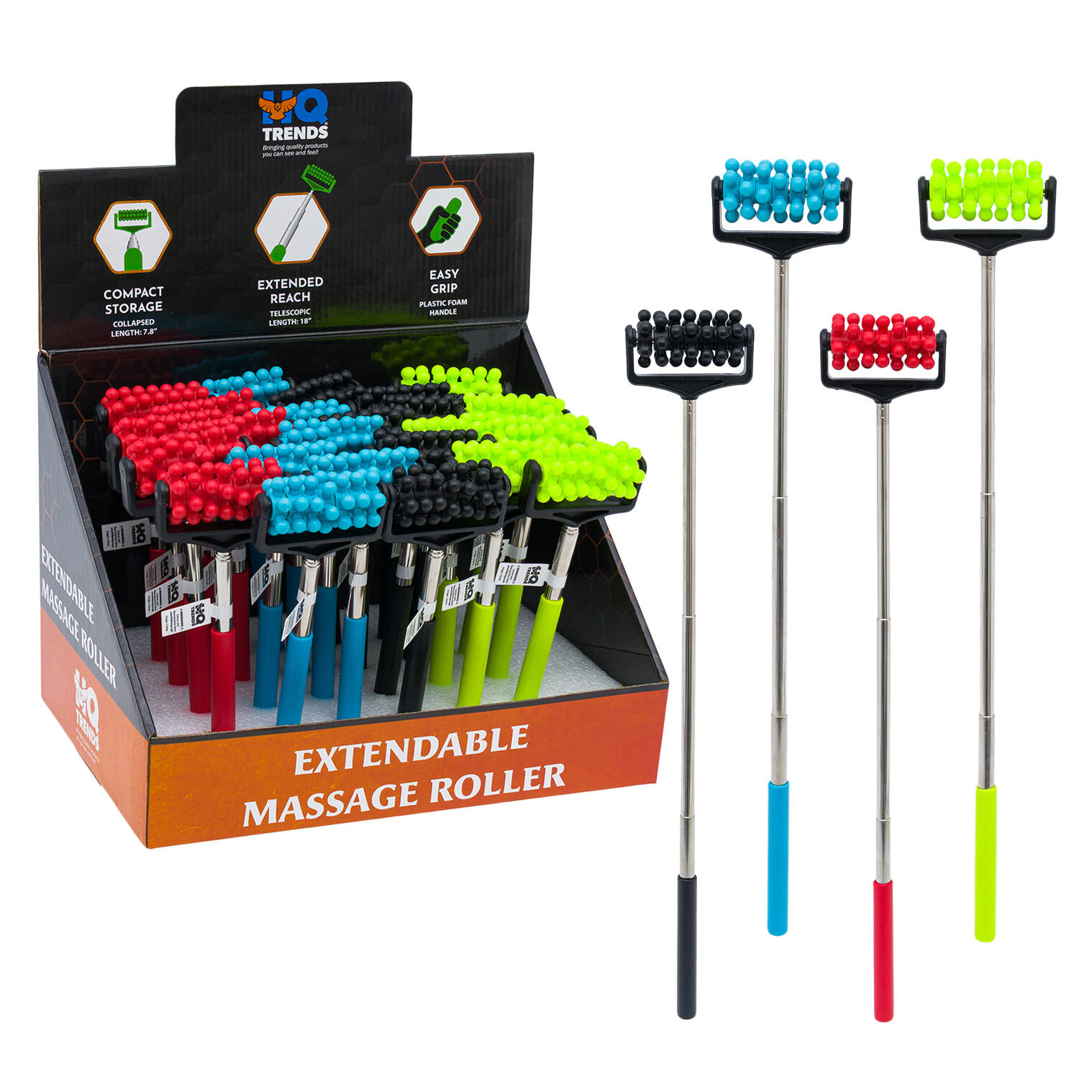 Extendable Massage Roller, Extends 7.8"–18", Plastic Foam Handle, Assorted Colors