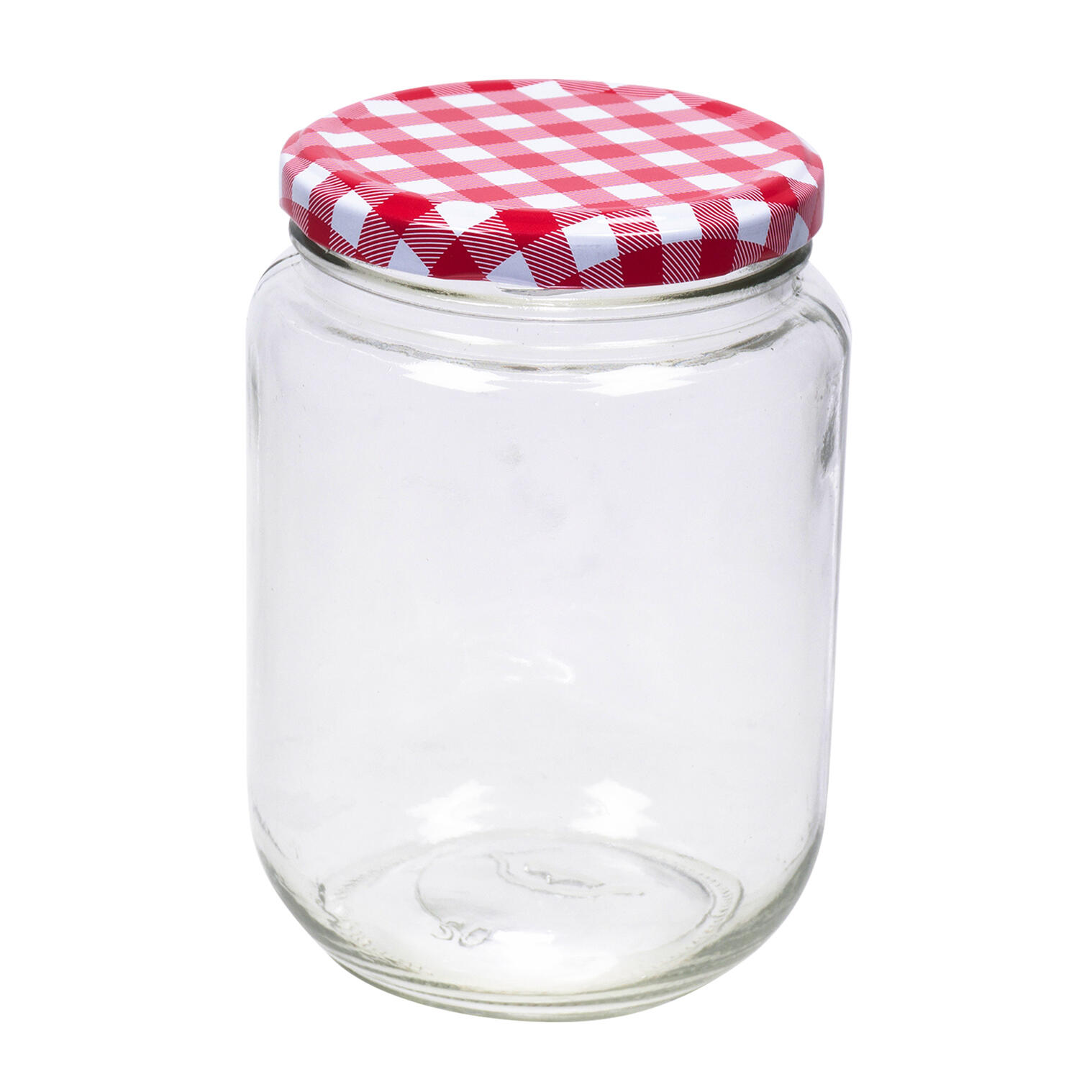 Wholesale JAR,20oz ROUND CHECKERED GLASS CLEARwRED CHECKERED LID