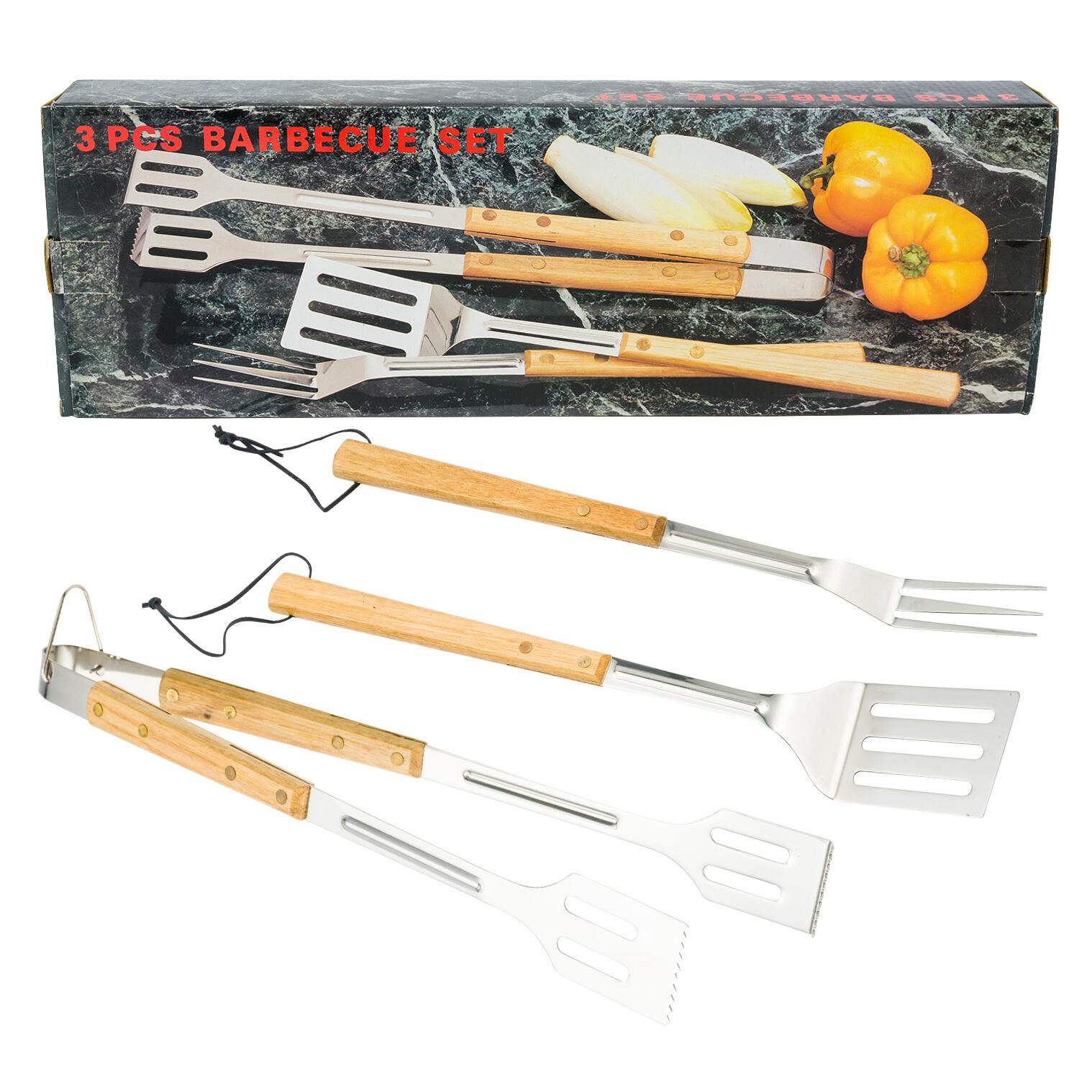 Wholesale 3 Piece Barbecue Set SILVERwWOODEN HANDLE