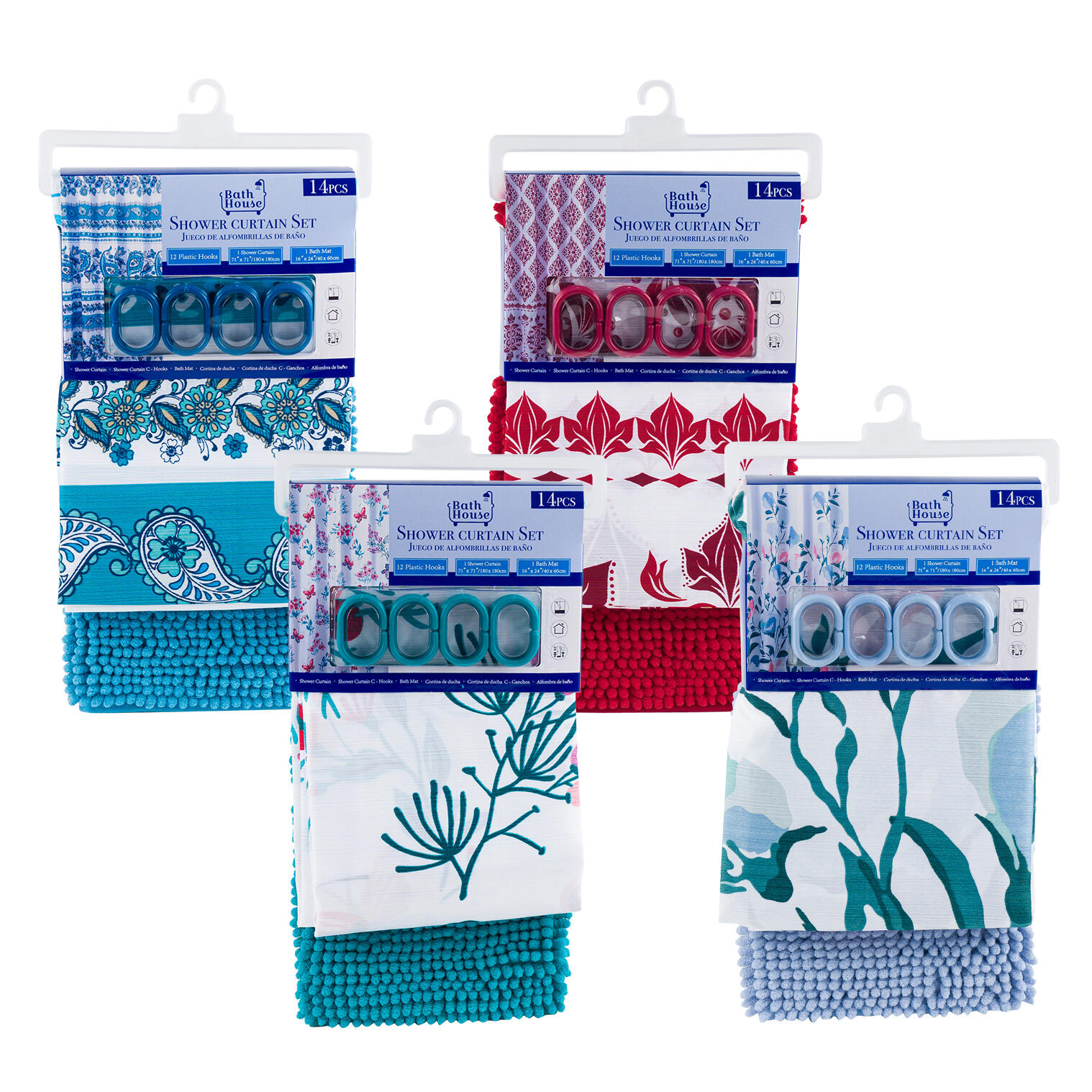 Bath House Shower Curtain Set - 14 Pieces - Polyester - 4 Assorted Designs - Bathroom Set