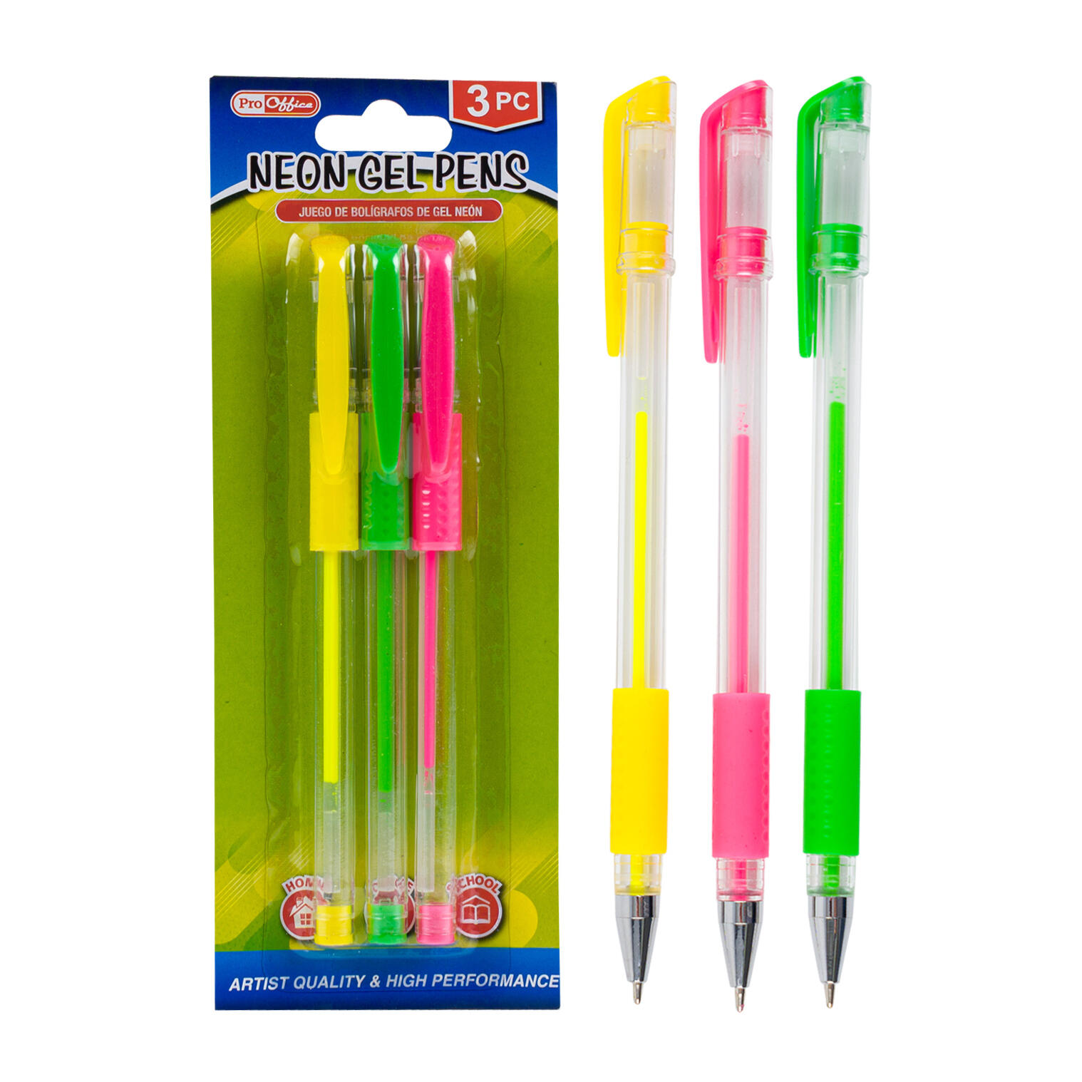 Pro Office Neon Gel Pens - 3 Pieces - Non- Retractable - 3 Assorted Colors