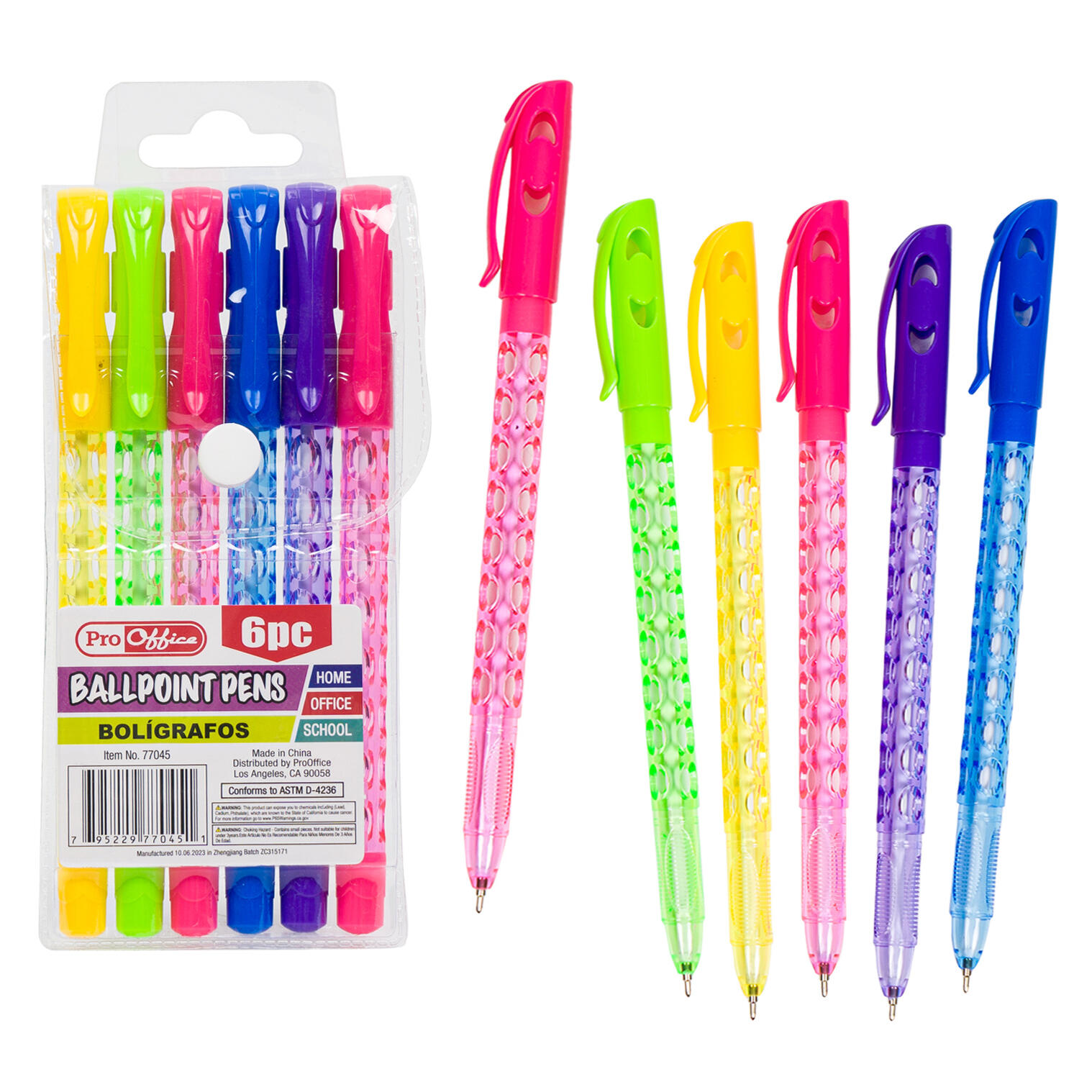 Pro Office Ballpoint Pens - 6 Pieces - Retractable - 5 Assorted Colors