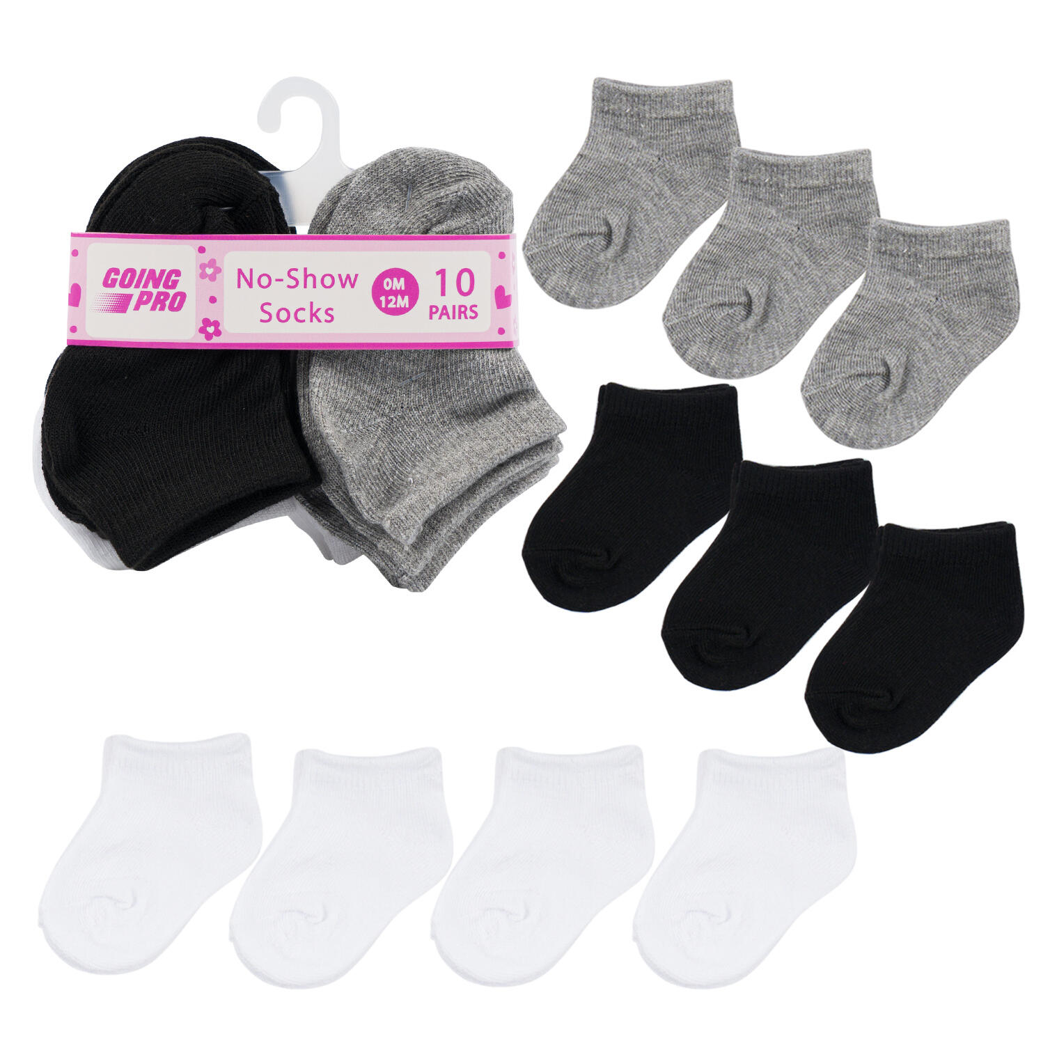 Wholesale 10pk Girls No Show Socks Sizes 012M WHITE HEATHER GRAY BLACK