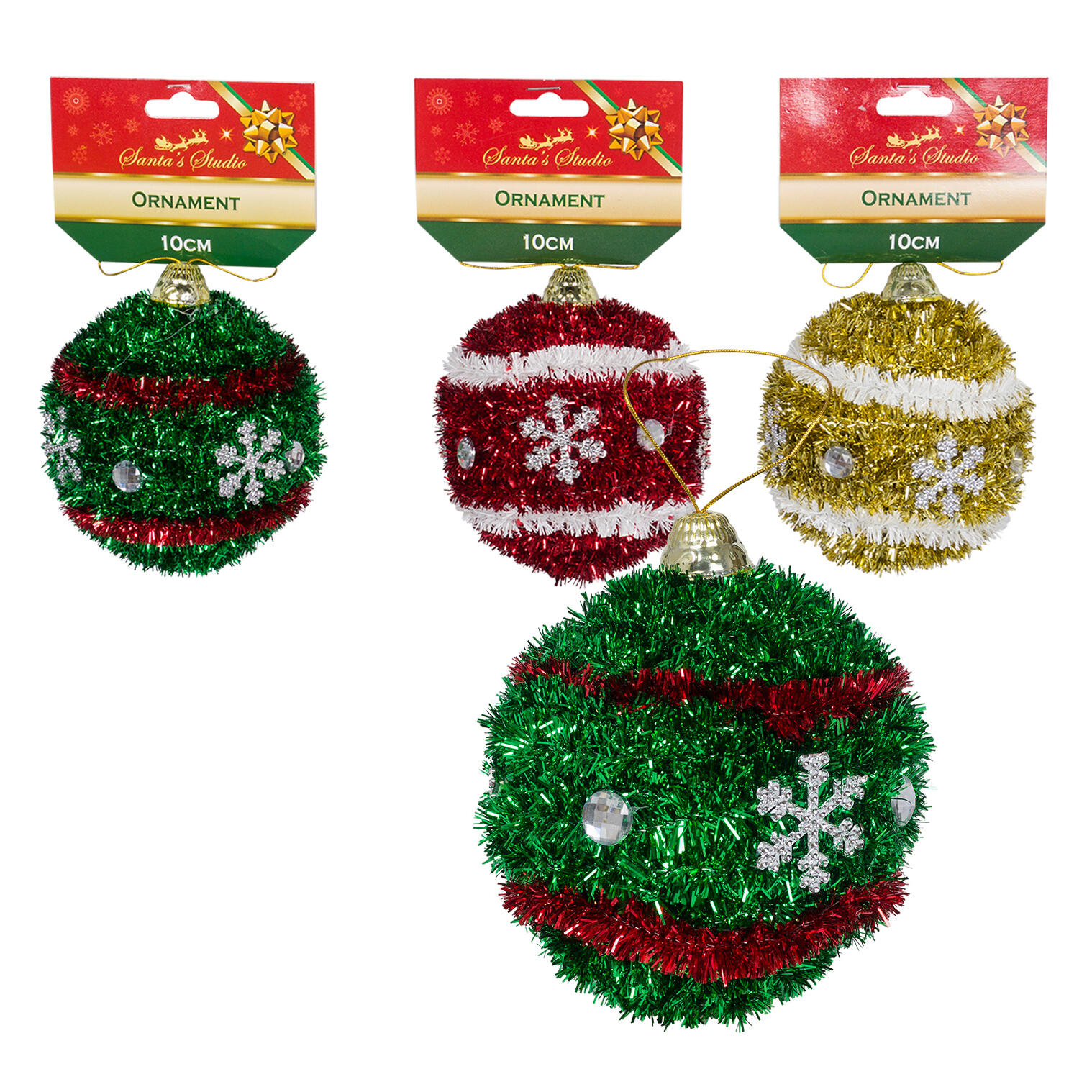 Wholesale Tinsel Ball Ornament 4" D Assorted RED GREEN GOLD