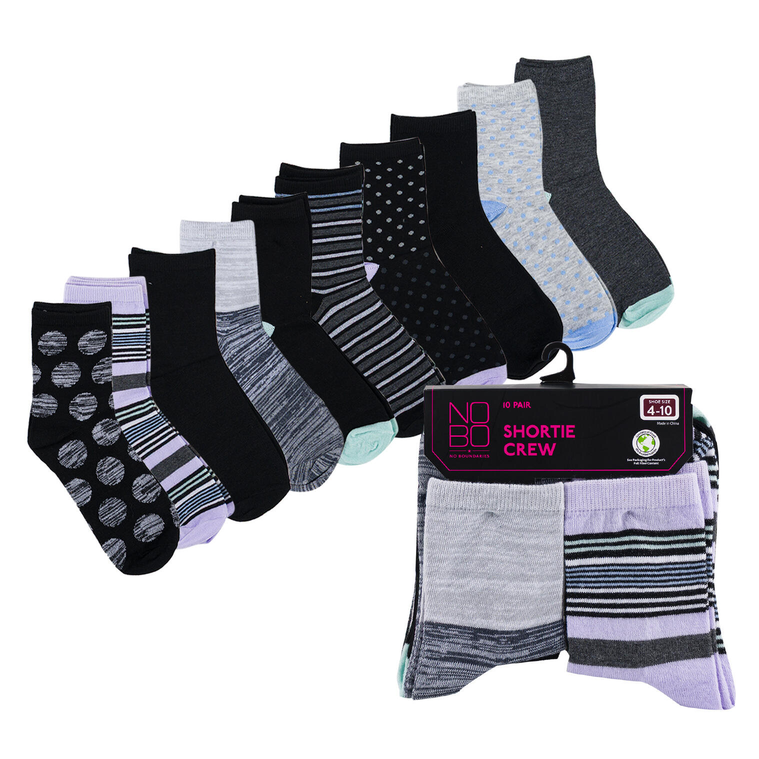 No Boundaries Women's Pattern Shortie Crew Socks 10 Pack