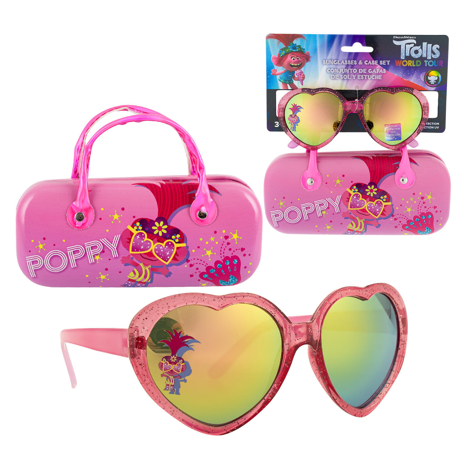 DreamWorks Trolls World Tour Sunglasses & Case Set - 100% UV Protection - Heart Shaped Design - Ages 3 And Up