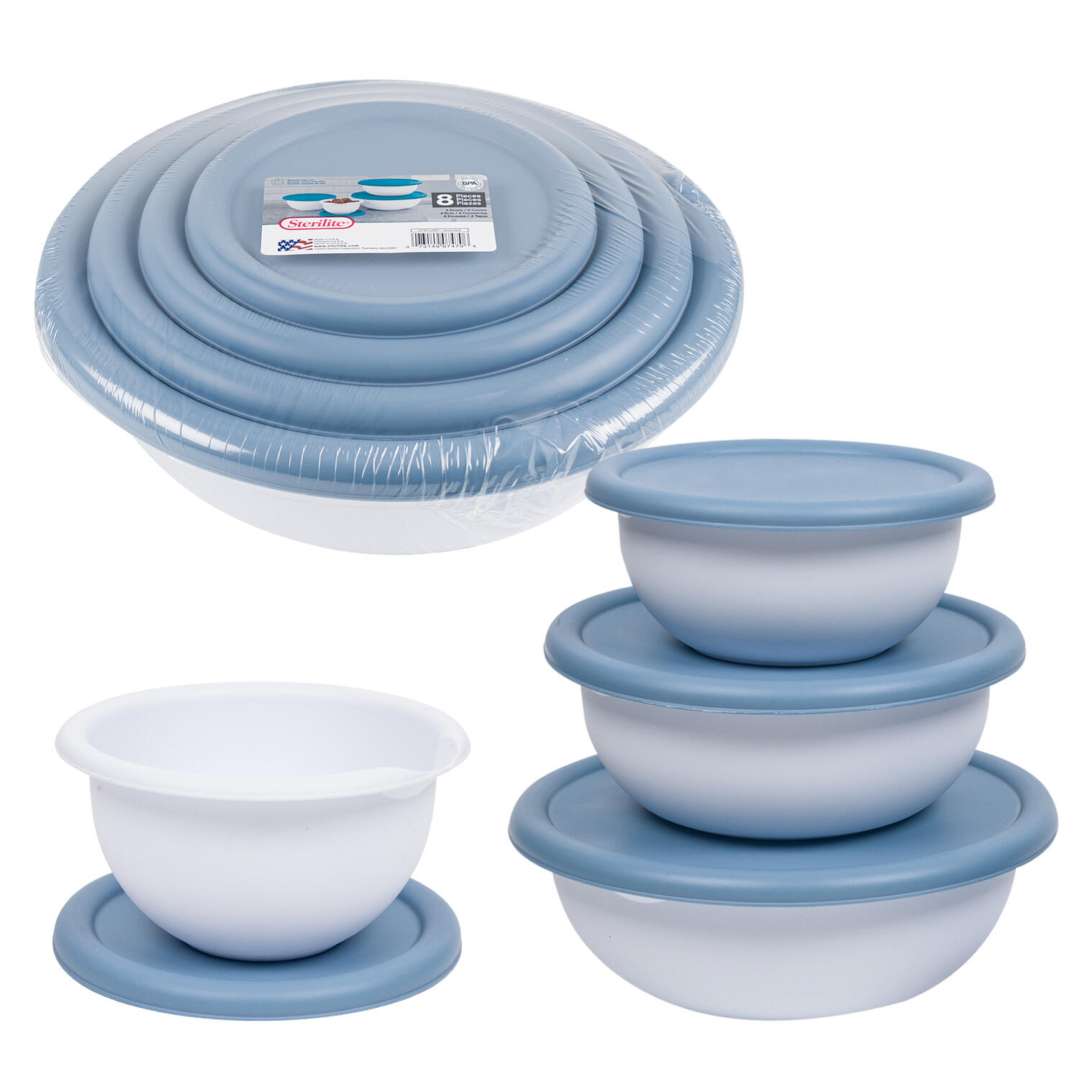 Wholesale Sterilite 8piece Bowl Set WHITE W/WASHED BLUE LIDS