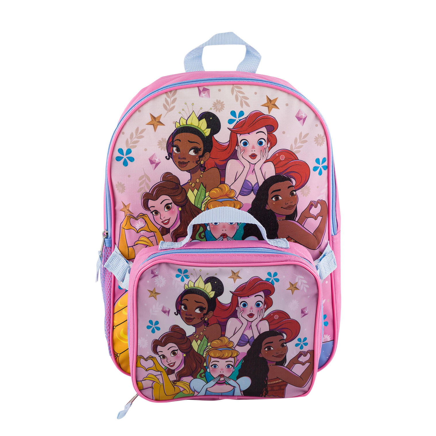 Disney Princess Backpack And Detachable Lunchbox - 15" - Pink And Blue - Adjustable Straps