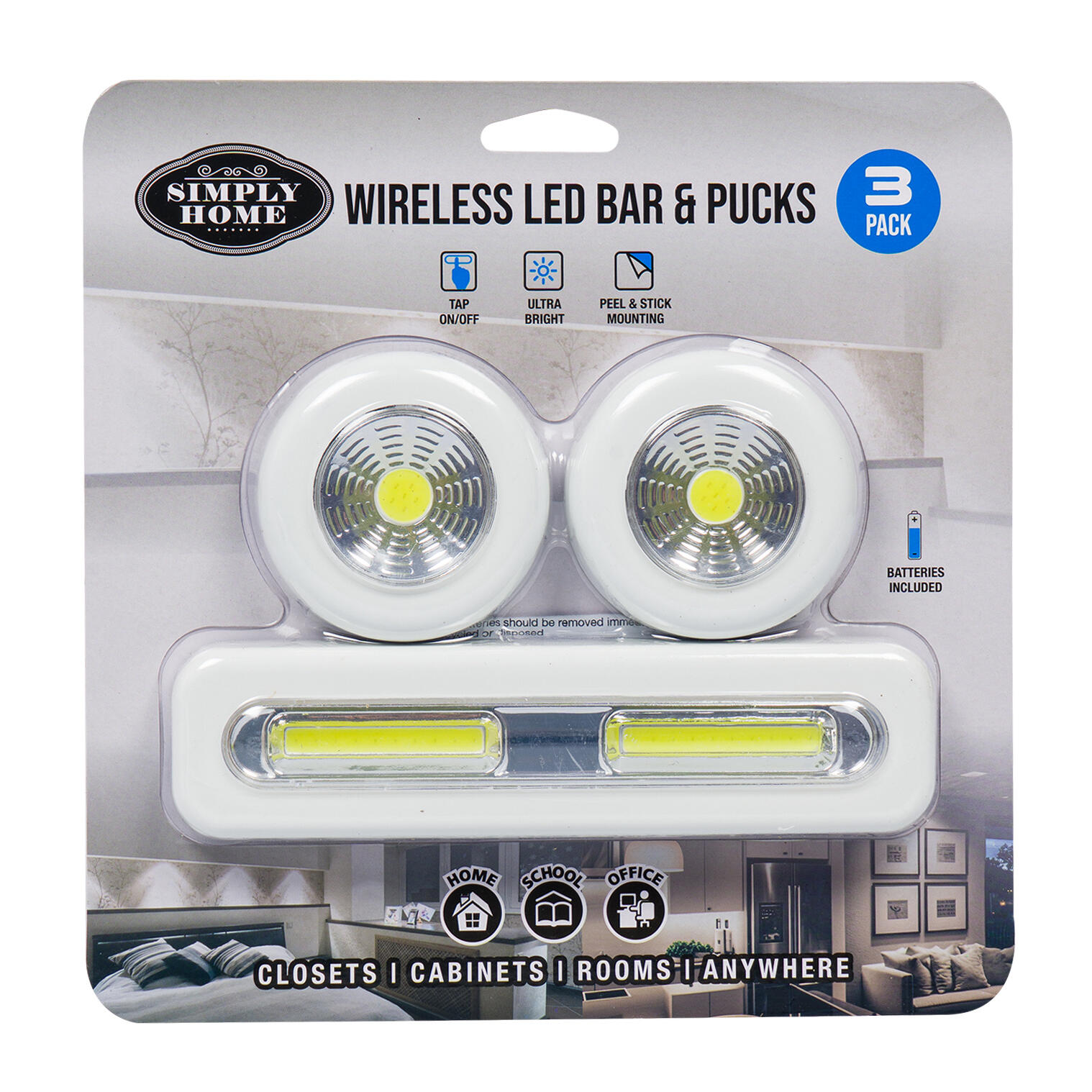 Simply Home Wireless LED Bar & Pucks, 3 Pack, Batteries Included