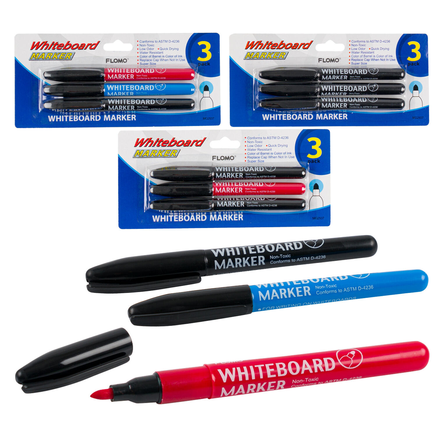 Wholesale 3pk Whiteboard Markers 3 ASTD BLUE BLACK RED