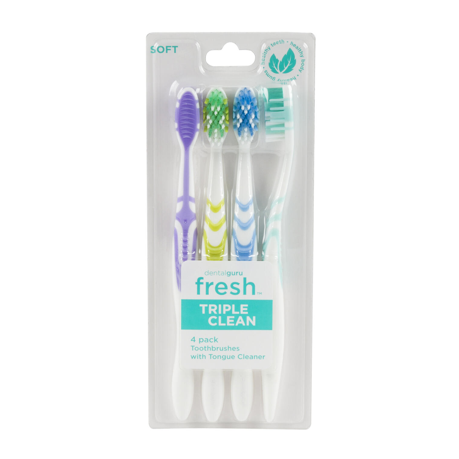 Wholesale 4pk Dental Guru Fresh Toothbrush GREEN LIGHT BLUE BLUE &PURPLE