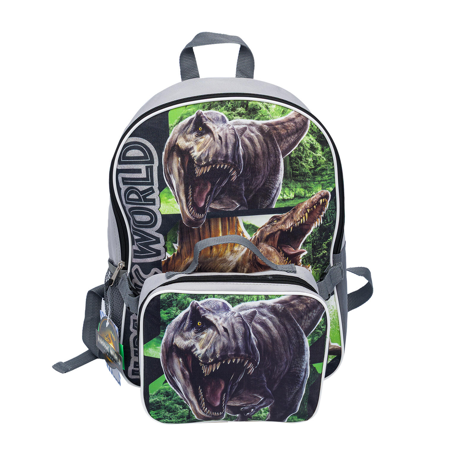 Jurassic World Dinosaur Explorer Kids Backpack and Lunchbox 15 in - Green and Grey