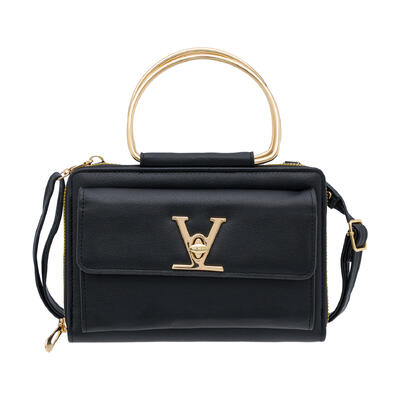 wholesale Women's Crossbody Bag with Metal Handle, Black with Gold Trim, Stylish & Chic