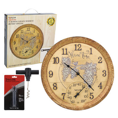 wholesale Decorative Clock with Thermometer and Pocket Corkscrew, 14"