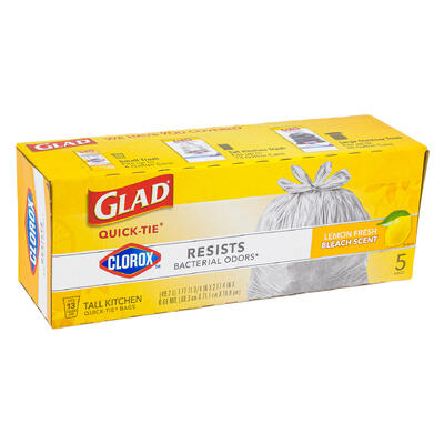 wholesale Glad Quick-Tie Tall Kitchen Trash Bags with Clorox, 5 Bags, Lemon Fresh Bleach Scent