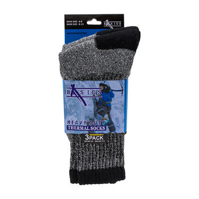 wholesale Heavy Duty Thermal Socks, 3 Pack, Size 6-8, Black/Grey