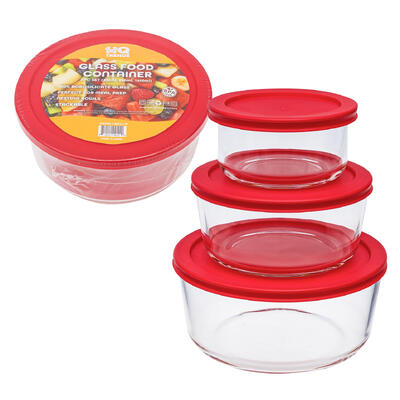 Wholesale Glass Food Container, 3 Piece Set, Red Lid, Stackable, BPA ...