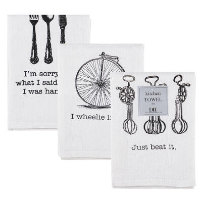 DII KITCHEN TOWEL SET - 3 PIECES VANTAGE PRINT BLACK AND WHITE