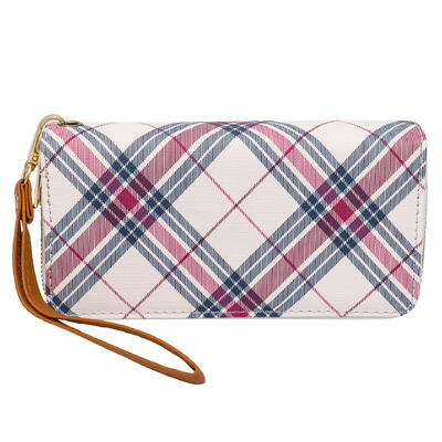 wholesale Chic Unlimited Double Zipper Wallet - Plaid with Brown Strap